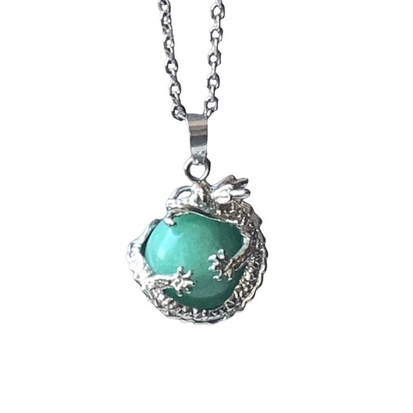 Green Aventurine Stone Silver Dragon Wrapped Ball Cylinder Faux Jade Necklace - Picture 2 of 8